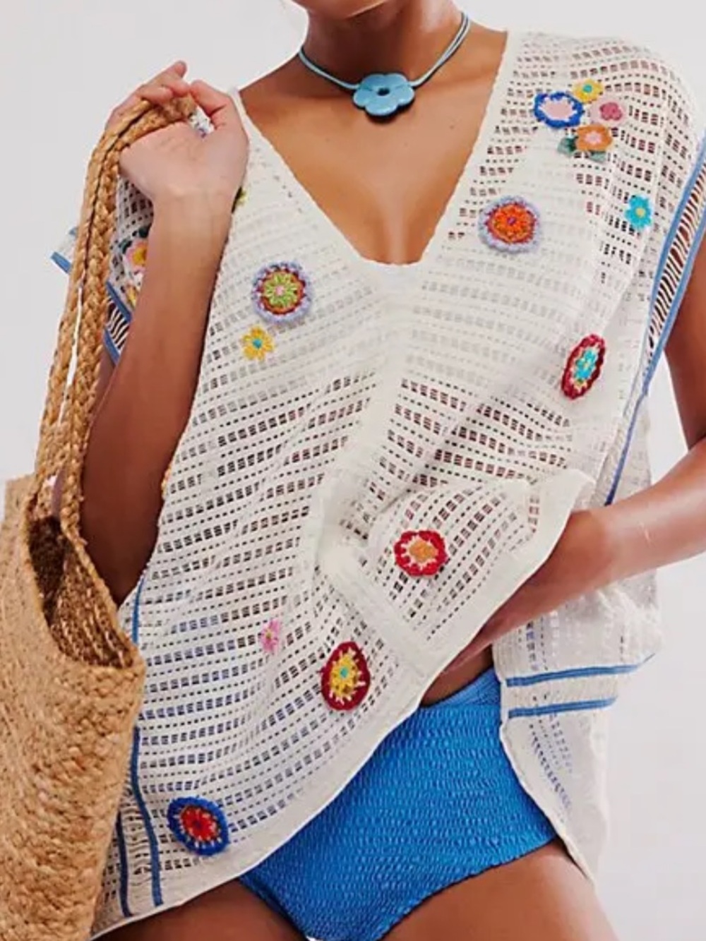 Free People Cream Crochet Floral V-Neck Sweater Vest